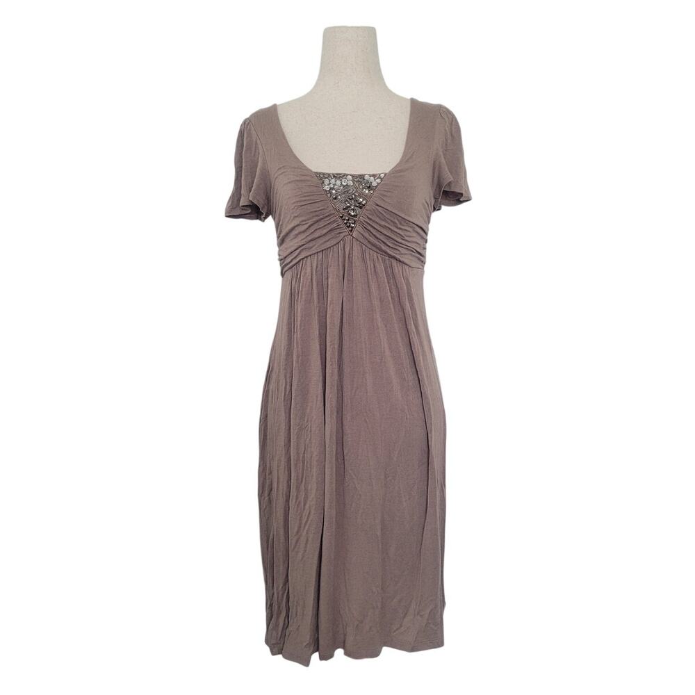 Y2k Babydoll Beaded Midi Dress Size M Brown Forest Fairy Boho Earthy Ren Faire